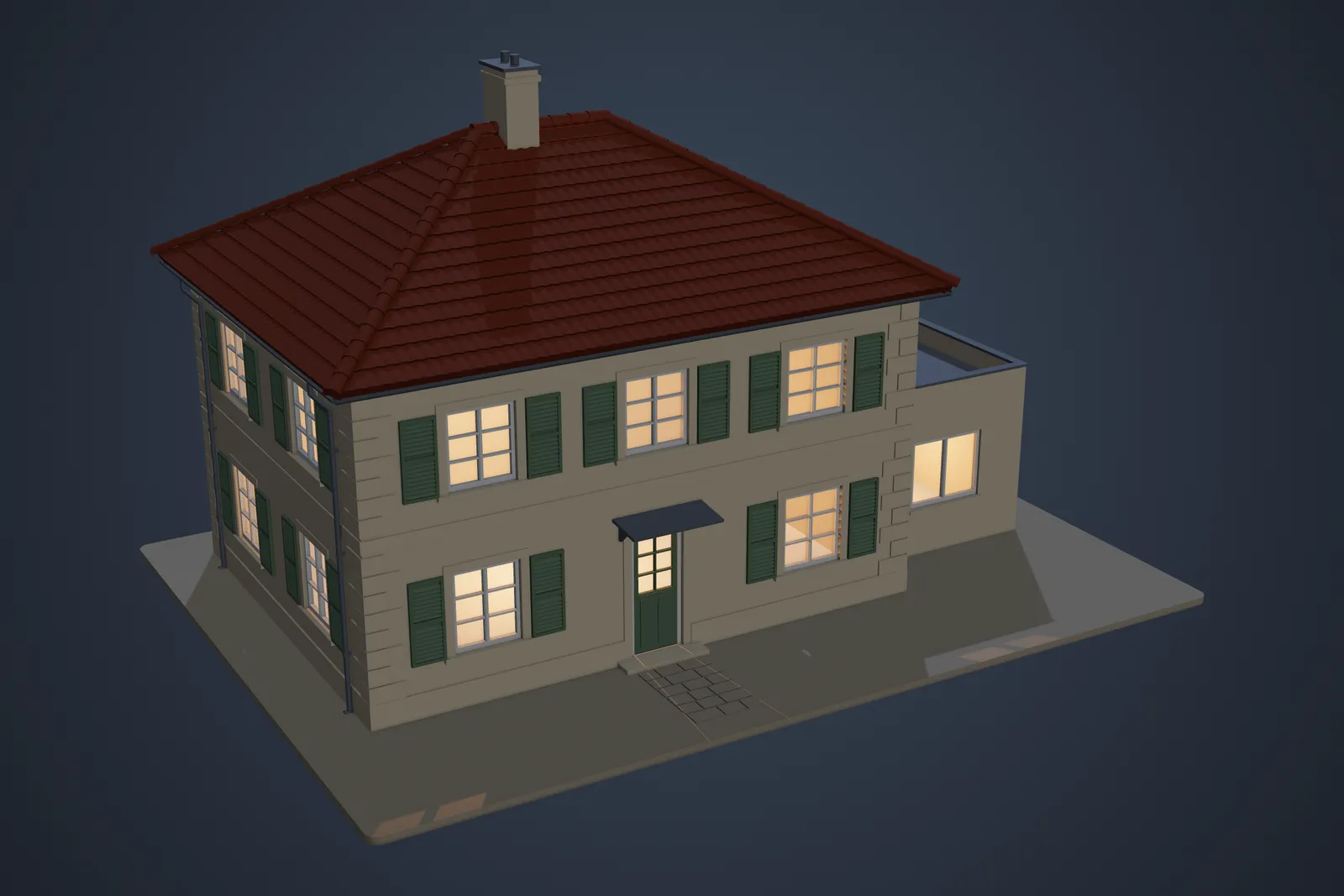 Image de synthèse : la maison d’exemple montée, au crépuscule, ses fenêtres éclairées de l’intérieur par des LED.