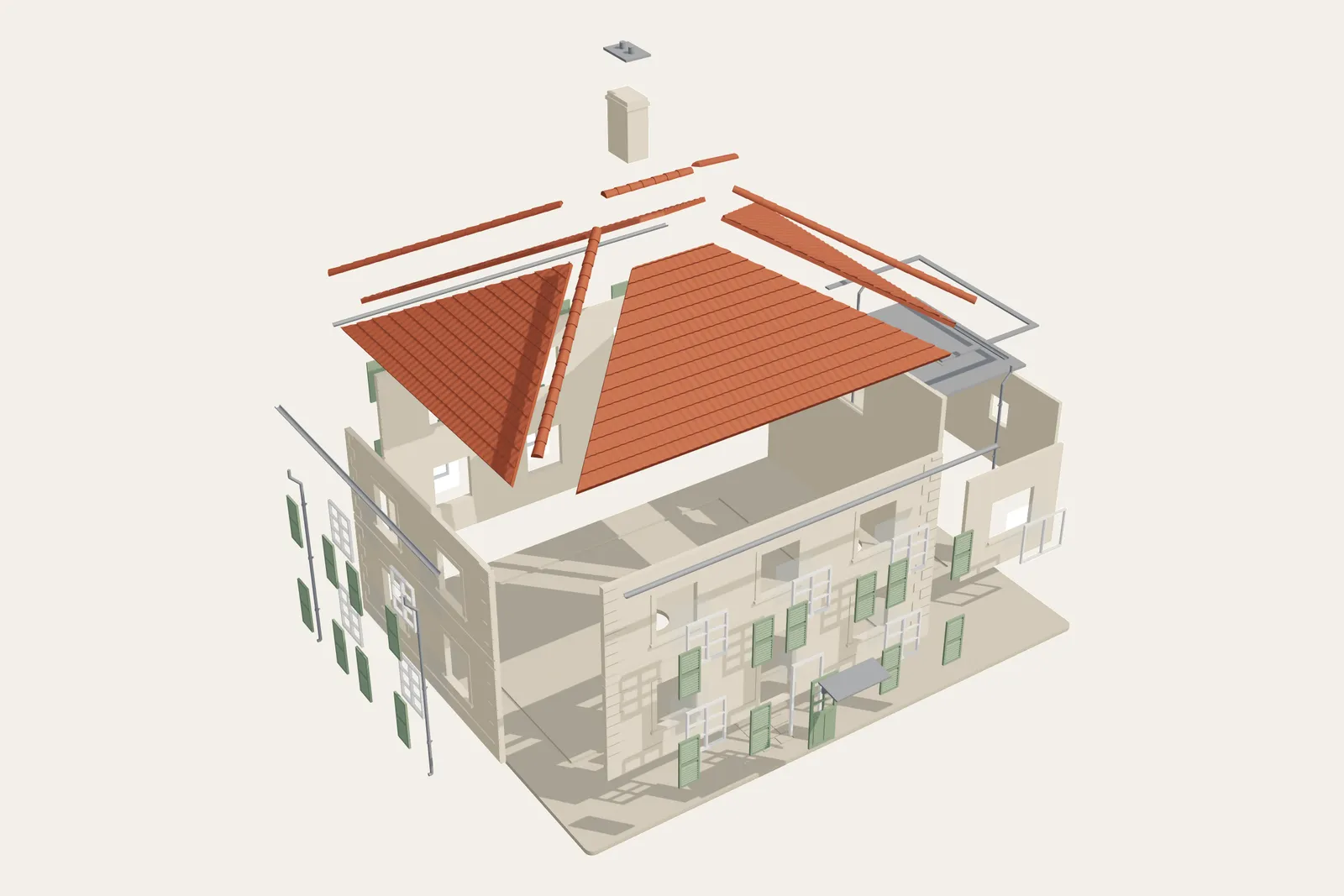Image de synthèse : vue éclatée de la maison d’exemple, avec le socle, les murs, les portes et fenêtres et les pans de toit séparés.