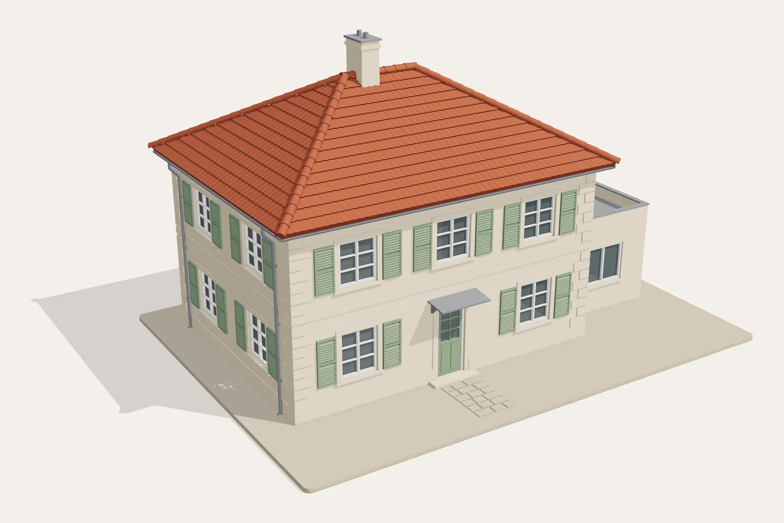Image de synthèse : maquette HO d’une maison d’exemple inventée par l’atelier, montée sur son socle, vue de trois quarts.